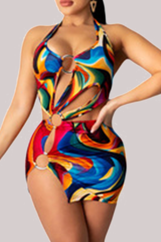 Colour Sexy Print Hollowed Out Halter Pencil Skirt Dresses