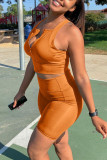 Orange Sexy Casual Solid Vests Zipper Collar Sleeveless Two Pieces