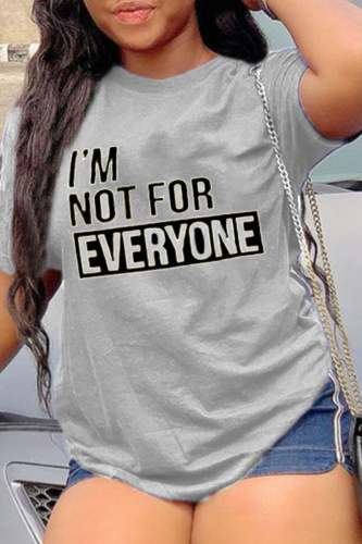 Grey Casual Print Letter O Neck T-Shirts