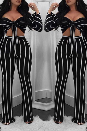 Black Sexy Dew Shoulder Striped Blending Two-piece Pants Set