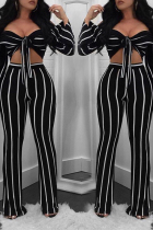 Black Sexy Dew Shoulder Striped Blending Two-piece Pants Set