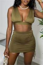Green Fashion Sexy Solid Fold V Neck Sleeveless Two Pieces