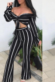 Black Sexy Dew Shoulder Striped Blending Two-piece Pants Set
