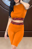 Orange Casual Leopard Split Joint O Neck Sleeveless Two Pieces