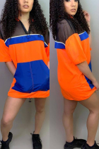 Orange Casual Cap Sleeve Half Sleeves Mandarin Collar A-Line skirt Patchwork Casual Dresses