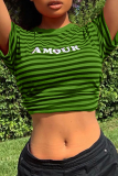 Green Sexy Striped Split Joint O Neck T-Shirts
