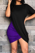 Purple Fashion Casual Patchwork Asymmetrical O Neck Short Sleeve Dress