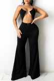 Black Fashion Sexy Hollowed Out Backless Halter Regular Jumpsuits