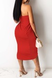 Red Fashion Sexy Solid Patchwork Backless Strapless Irregular Dress