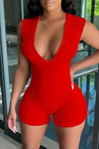 Red Fashion Casual Solid Basic V Neck Short Sleeve Skinny Romper