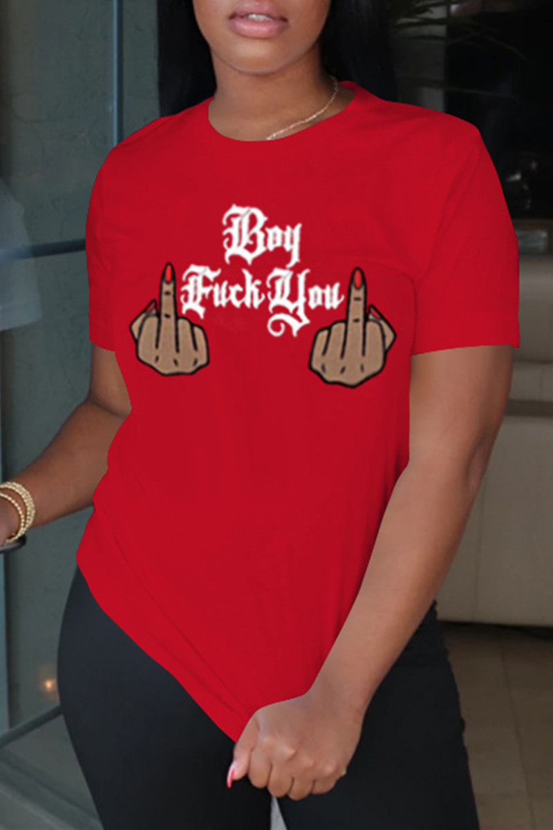 

Red Fashion Casual Print Basic O Neck Tops