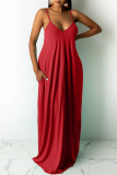 Rose Red Sexy Casual Solid Basic V Neck Sling Dress