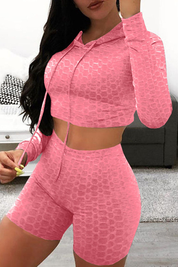 Pink Casual Sportswear Solid Basic Hooded Collar Long Sleeve Two Pieces