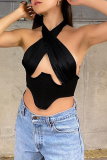 Black Sexy Solid Hollowed Out Halter Tops
