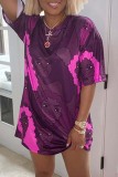 Purple Fashion Casual Print Basic O Neck Short Sleeve T-shirt Dress