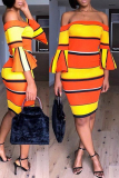 Orange Sweet Flare Sleeves Striped Knee Length Dress