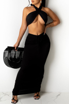 Black Fashion Sexy Solid Backless Halter Sleeveless Two Pieces