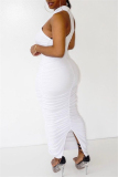 White Fashion Sexy Solid Slit Fold O Neck Sleeveless Dress
