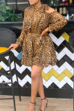 Leopard Print Fashion Casual Print Leopard Hollowed Out O Neck Long Sleeve Dresses