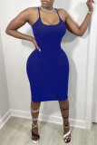 Deep Blue Sexy Casual Solid Backless U Neck Sling Dress