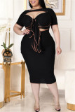 Black Sexy Casual Plus Size Solid Hollowed Out Patchwork O Neck Short Sleeve Dress