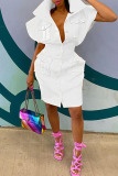 White Fashion Casual Solid Basic Mandarin Collar Short Sleeve Dress