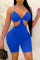Blue Sexy Solid Hollowed Out Backless Strap Design Halter Skinny Romper Swimwear