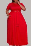 Red Fashion Casual Plus Size Solid Hollowed Out O Neck Short Sleeve Dress