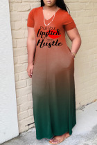 Red Fashion Casual Gradual Change Letter Print Basic V Neck Short Sleeve Dress