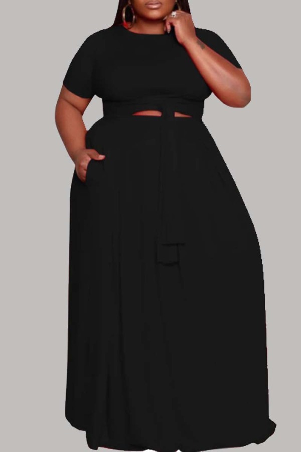 Black Fashion Casual Plus Size Solid Hollowed Out O Neck Short Sleeve Dress