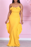 Yellow Fashion Casual Solid Backless Spaghetti Strap Sleeveless Dress