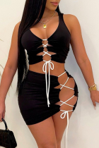 Black Sexy Solid Draw String U Neck Sleeveless Two Pieces