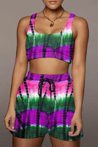 Purple Casual Sportswear Tie Dye Printing U Neck Sleeveless Two Pieces