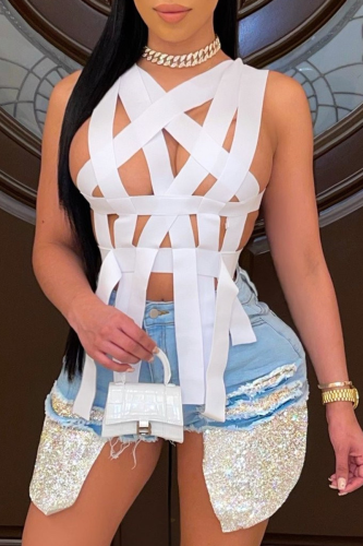 White Sexy Solid Hollowed Out V Neck Tops