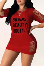 Red Fashion Sexy Letter Print Ripped O Neck Short Sleeve Dress