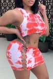 Rose Red Fashion Sexy Print Tie Dye Hollowed Out O Neck Sleeveless Two Pieces