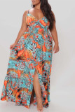 Multi-color Sexy Casual Plus Size Print Slit V Neck Sling Dress