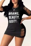 Grey Fashion Sexy Letter Print Ripped O Neck Short Sleeve Dress