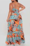 Multi-color Sexy Casual Plus Size Print Slit V Neck Sling Dress