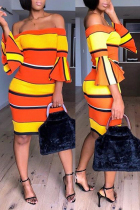 Orange Sweet Flare Sleeves Striped Knee Length Dress