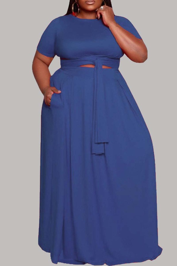 Blue Fashion Casual Plus Size Solid Hollowed Out O Neck Short Sleeve Dress