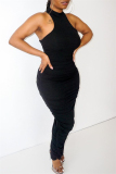Black Fashion Sexy Solid Slit Fold O Neck Sleeveless Dress