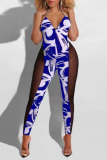 Blue Sexy Print Split Joint See-through Backless Halter Skinny Jumpsuits