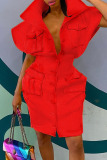 Red Fashion Casual Solid Basic Mandarin Collar Short Sleeve Dress