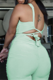 Mint green Fashion Sexy Solid Hollowed Out Backless Fold Halter Skinny Jumpsuits