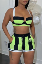 Fluorescent Green Fashion Sexy Striped Print Backless Spaghetti Strap Sleeveless Two Pieces