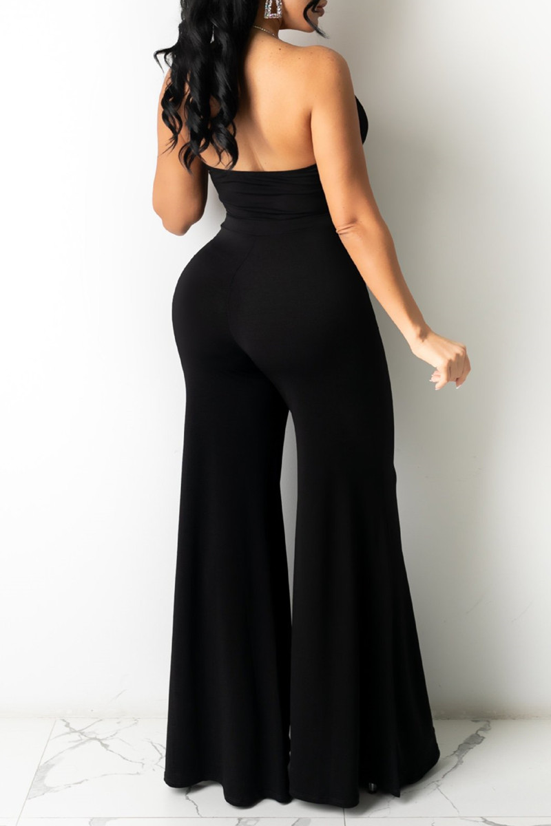 Black Fashion Sexy Hollowed Out Backless Halter Regular Jumpsuits ...