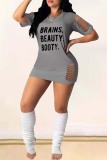 Grey Fashion Sexy Letter Print Ripped O Neck Short Sleeve Dress