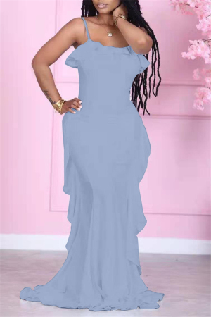 Light Blue Fashion Casual Solid Backless Spaghetti Strap Sleeveless Dress