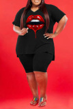 Black Fashion Casual Lips Printed Slit V Neck Plus Size Two Pieces